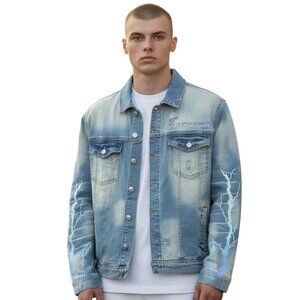 Mackeen Mens Venice Distressed Thunder Rhinestones Thunder Blue Jacket Small NWT